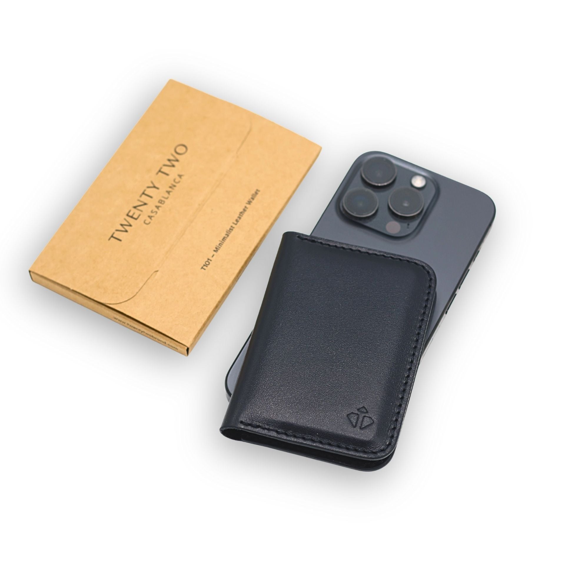Black phone with 'Twenty Two' wallet and packaging on a white background