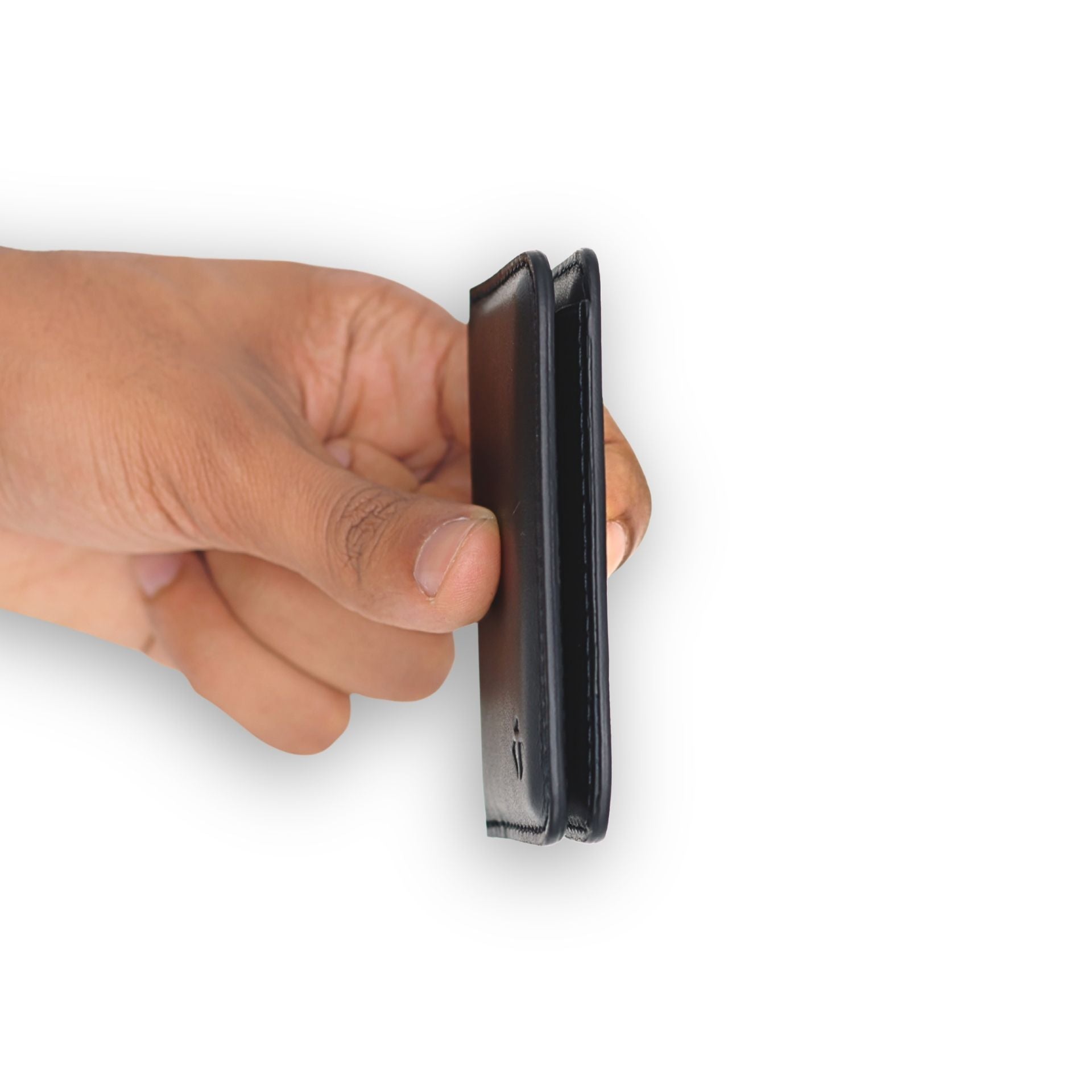 Hand holding a ultra slim black Leather wallet case against a white background