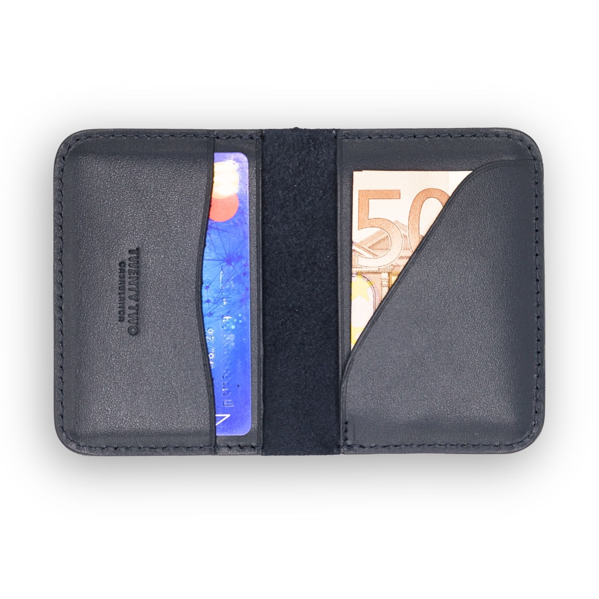 Black leather wallet with card and money holder on a white background
